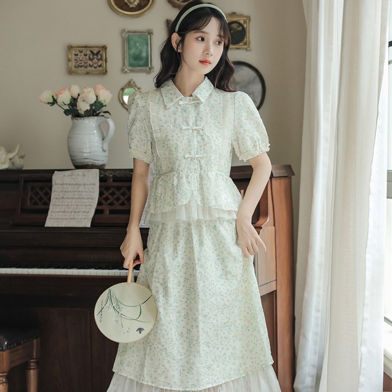 Puff sleeve sweet green tops 2pcs set for women