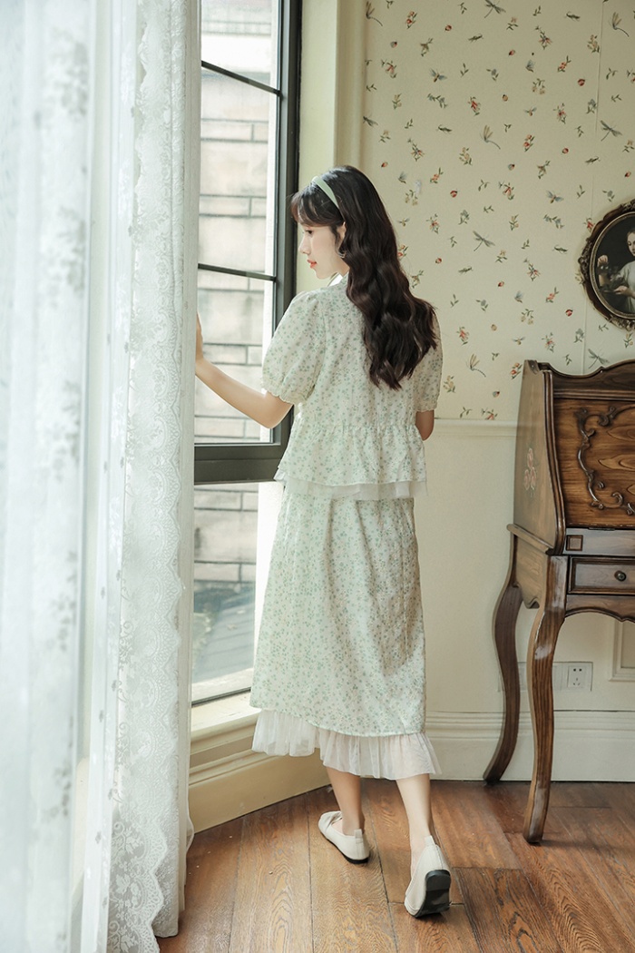 Puff sleeve sweet green tops 2pcs set for women