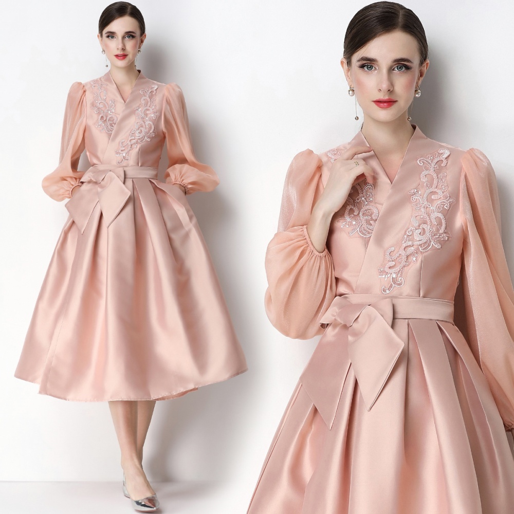 Puff sleeve A-line formal dress pinched waist dress