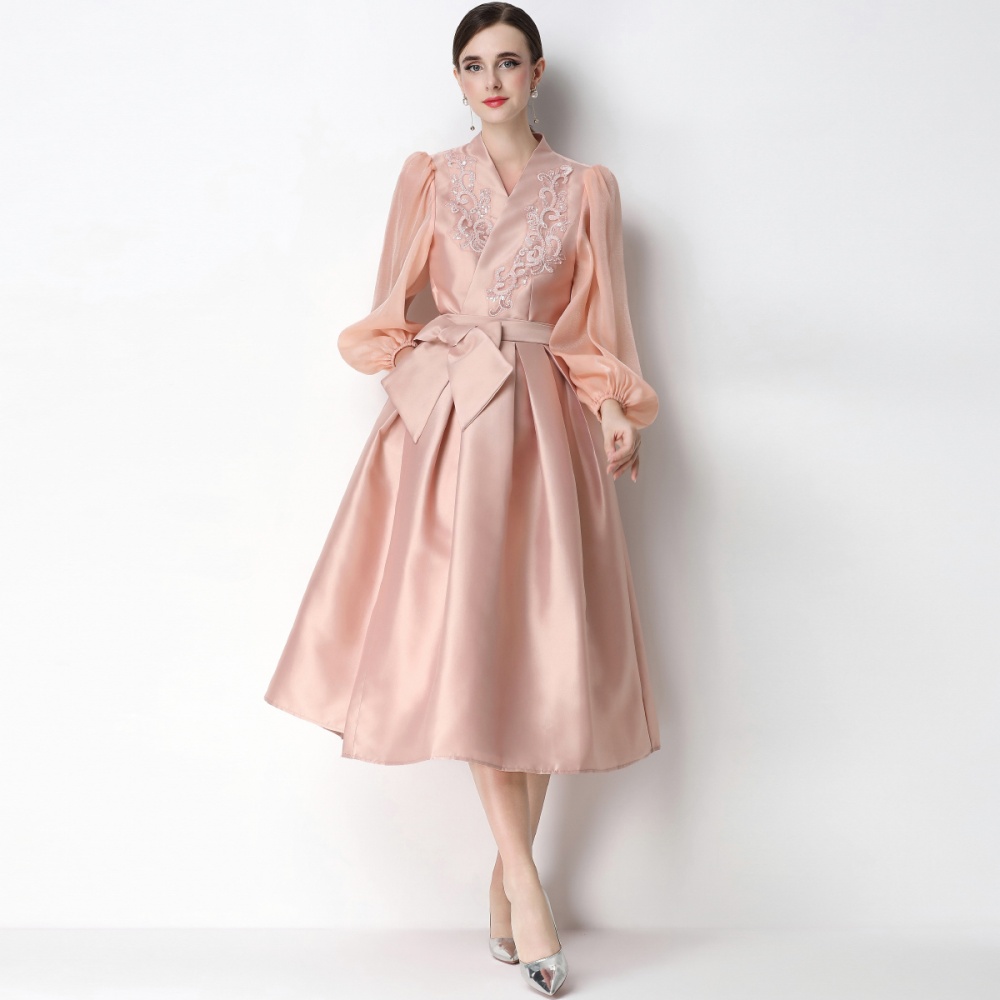 Puff sleeve A-line formal dress pinched waist dress