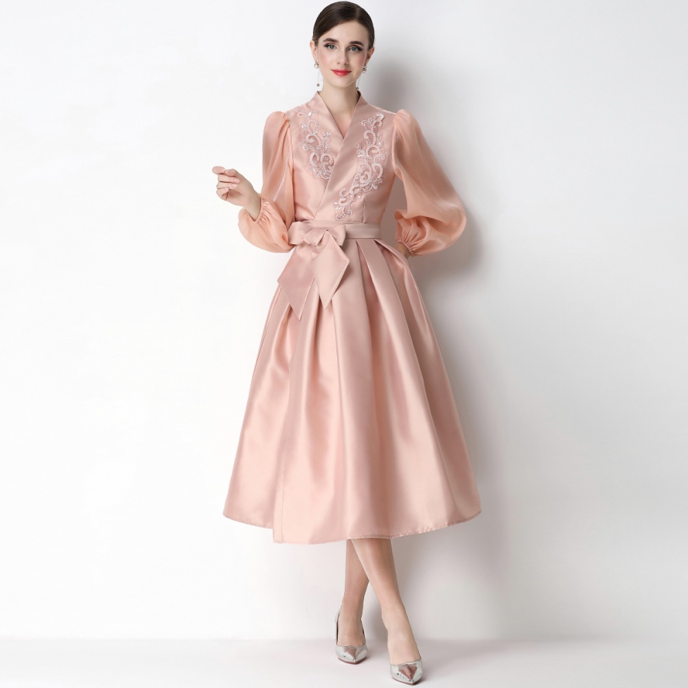 Puff sleeve A-line formal dress pinched waist dress