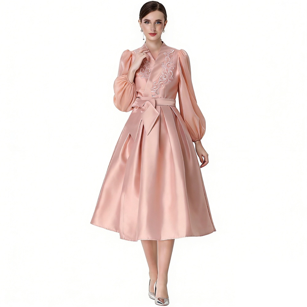 Puff sleeve A-line formal dress pinched waist dress