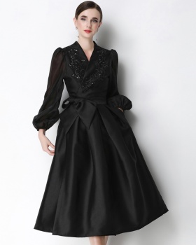 Satin flowers temperament formal dress slim A-line dress