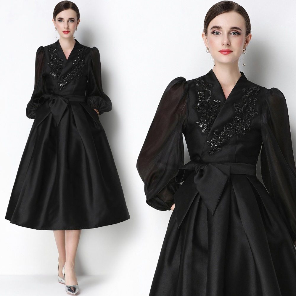 Satin flowers temperament formal dress slim A-line dress