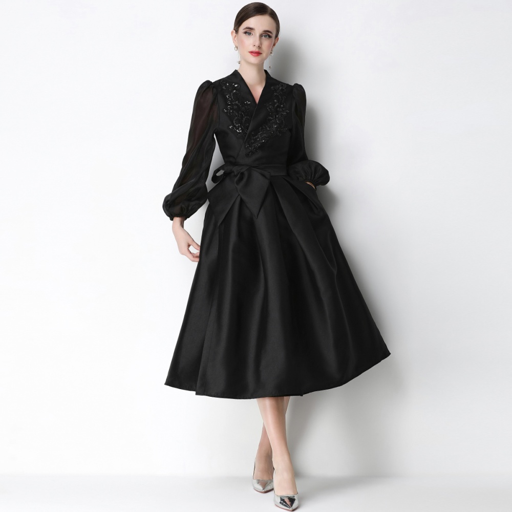 Satin flowers temperament formal dress slim A-line dress