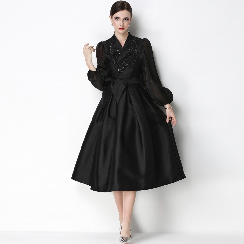 Satin flowers temperament formal dress slim A-line dress