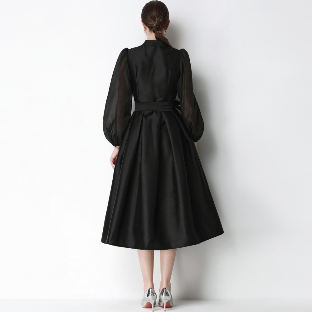 Satin flowers temperament formal dress slim A-line dress