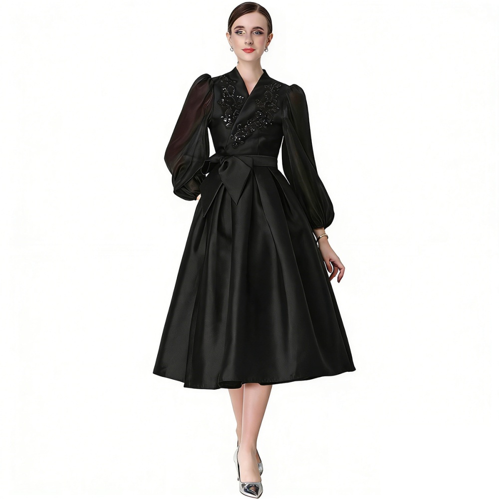 Satin flowers temperament formal dress slim A-line dress