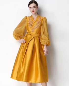 Puff sleeve bandage elegant formal dress V-neck flowers dress