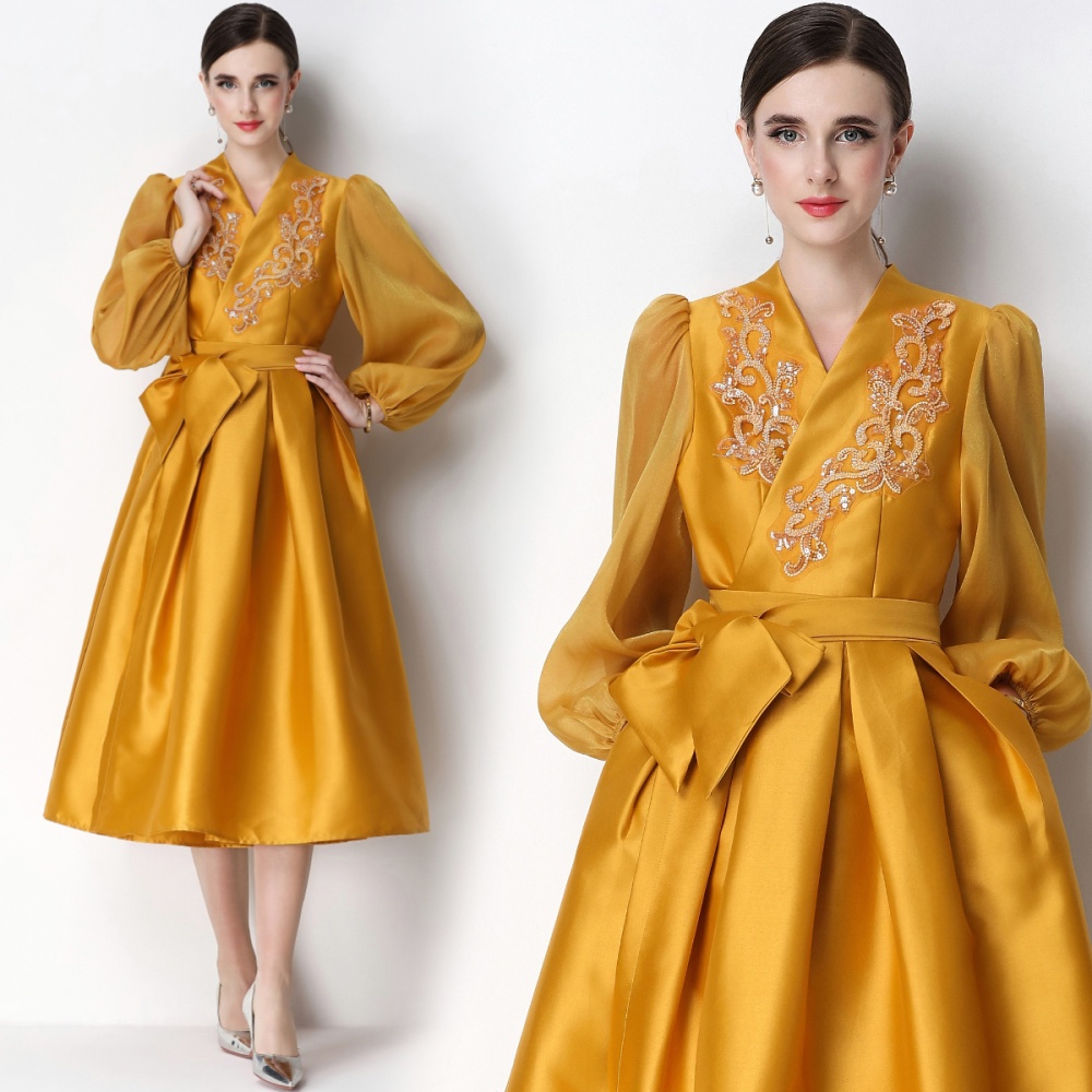 Puff sleeve bandage elegant formal dress V-neck flowers dress