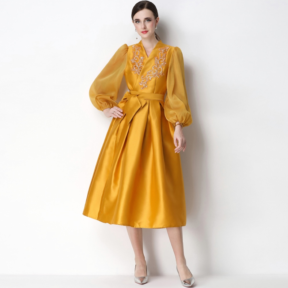 Puff sleeve bandage elegant formal dress V-neck flowers dress