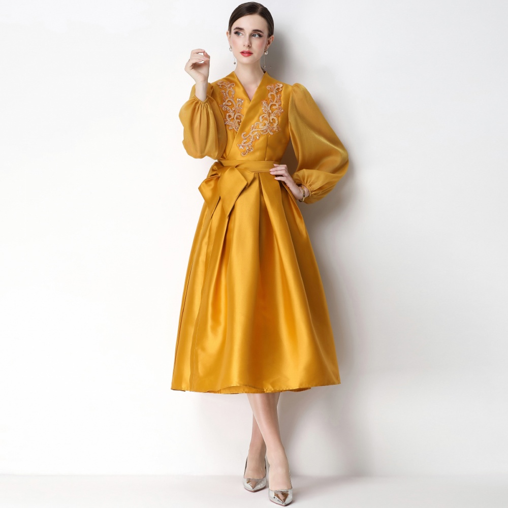 Puff sleeve bandage elegant formal dress V-neck flowers dress