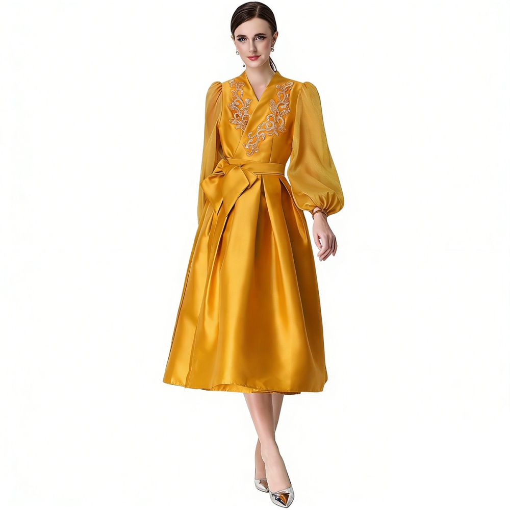 Puff sleeve bandage elegant formal dress V-neck flowers dress