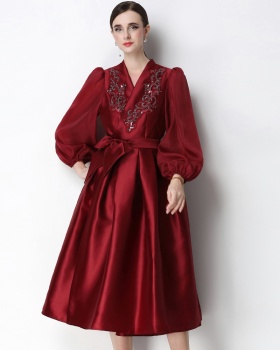 Slim bandage formal dress satin puff sleeve dress