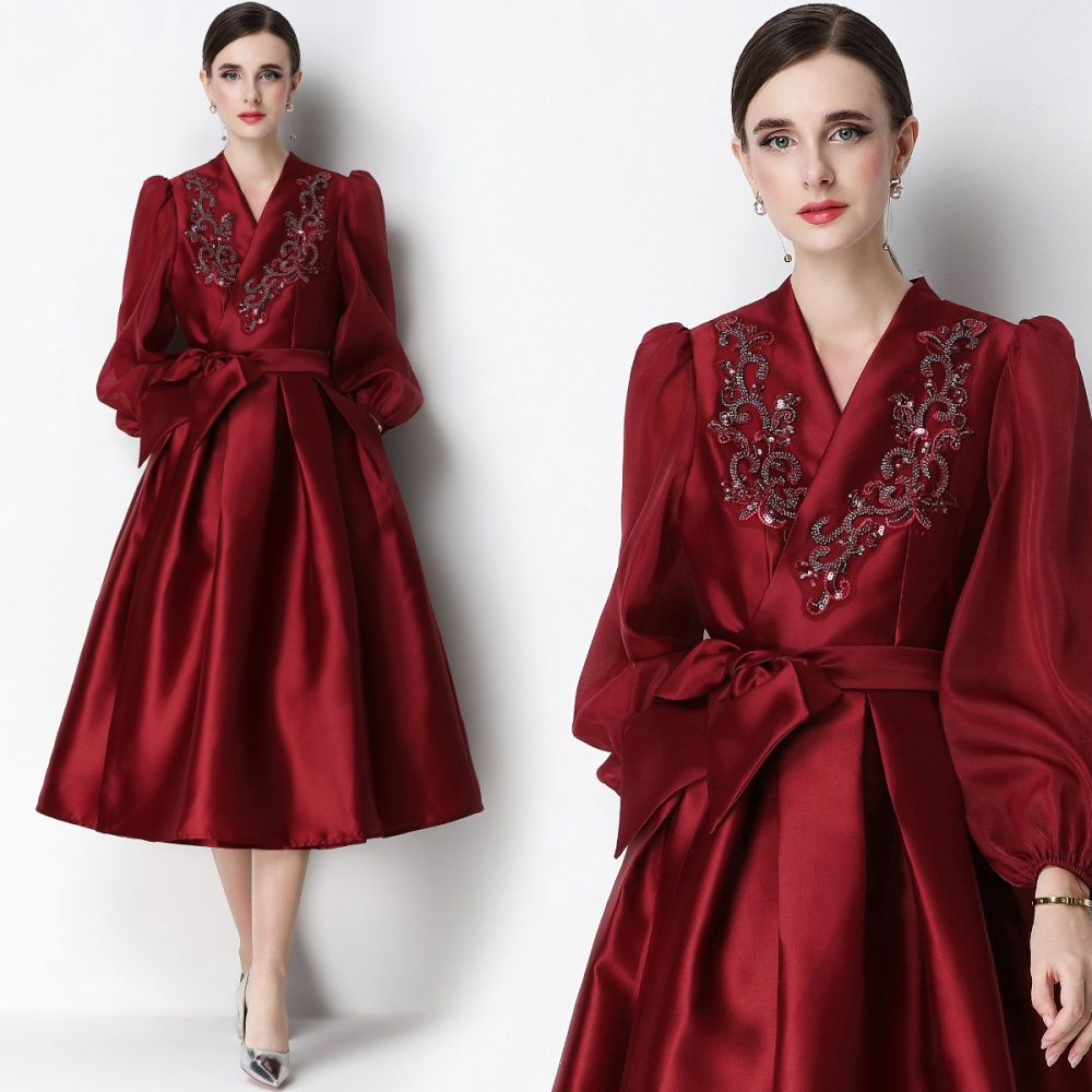 Slim bandage formal dress satin puff sleeve dress