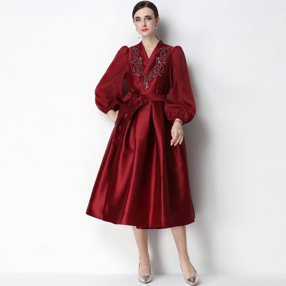 Slim bandage formal dress satin puff sleeve dress