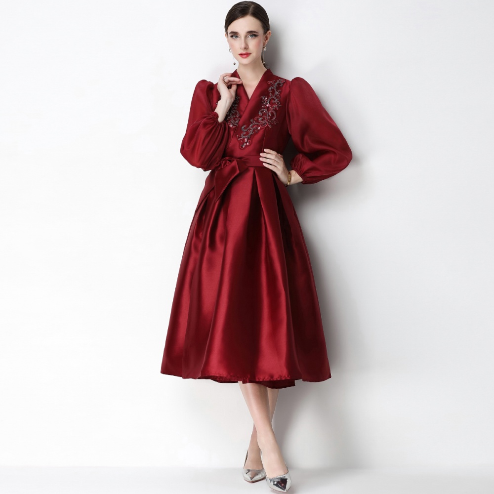 Slim bandage formal dress satin puff sleeve dress