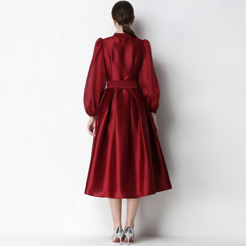 Slim bandage formal dress satin puff sleeve dress