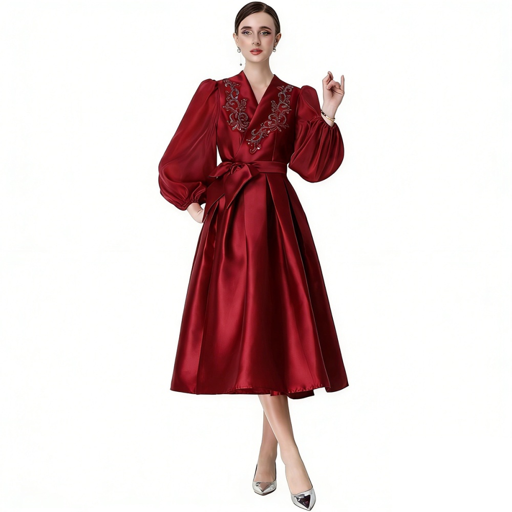 Slim bandage formal dress satin puff sleeve dress