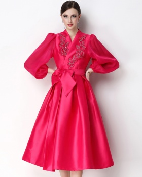 Bandage elegant V-neck dress A-line puff sleeve formal dress