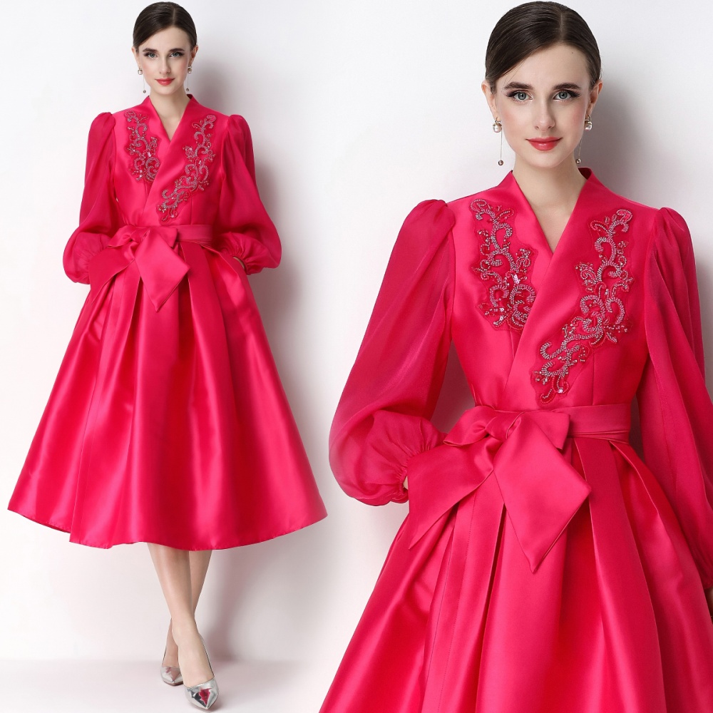 Bandage elegant V-neck dress A-line puff sleeve formal dress