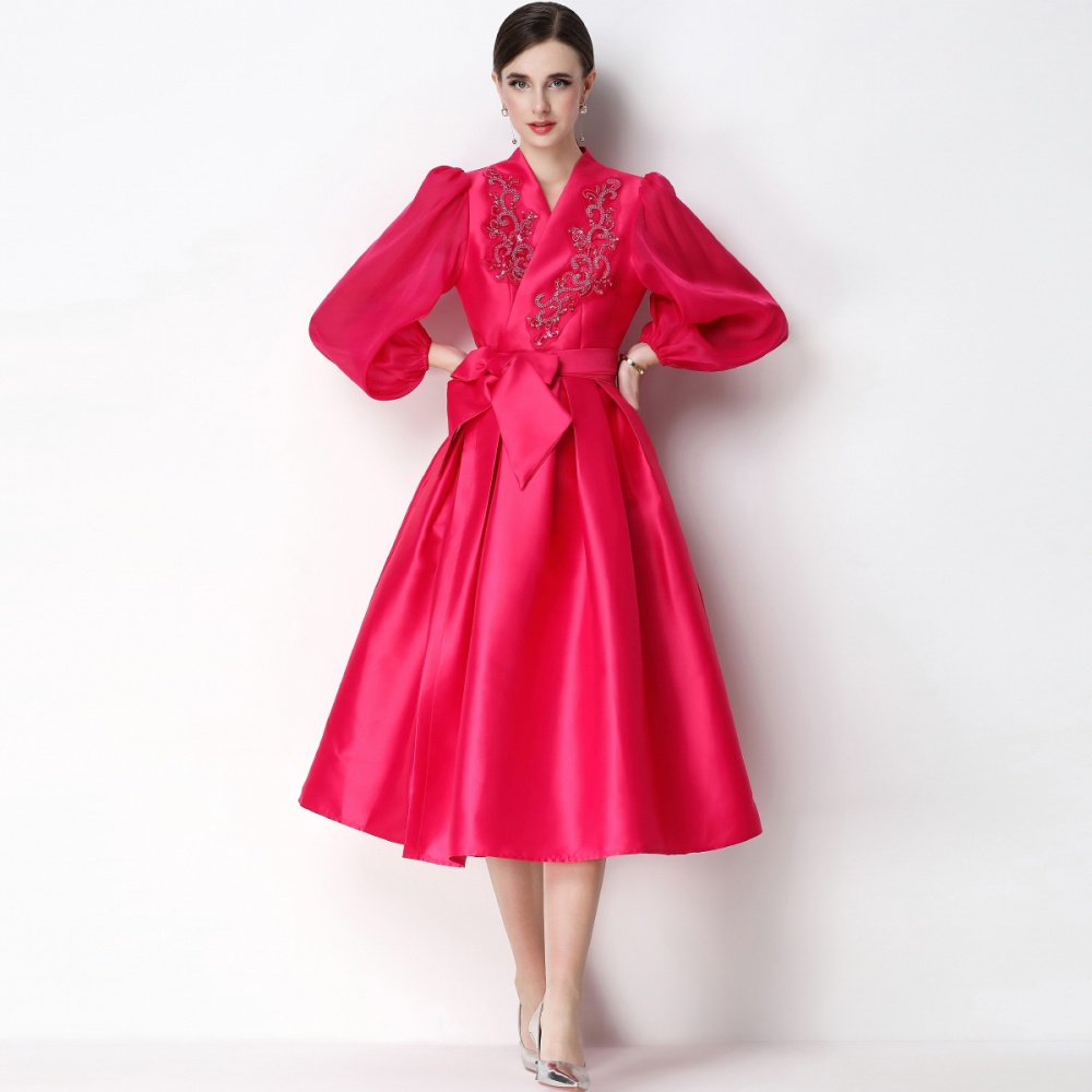 Bandage elegant V-neck dress A-line puff sleeve formal dress