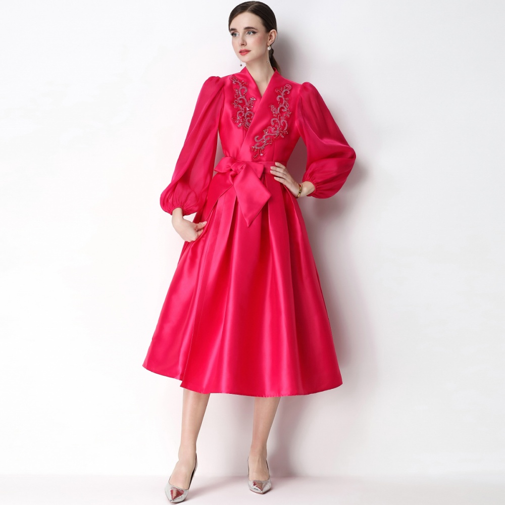 Bandage elegant V-neck dress A-line puff sleeve formal dress