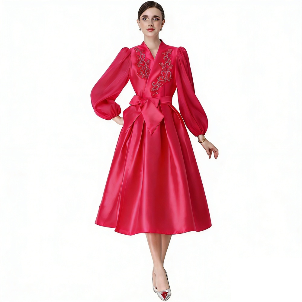 Bandage elegant V-neck dress A-line puff sleeve formal dress