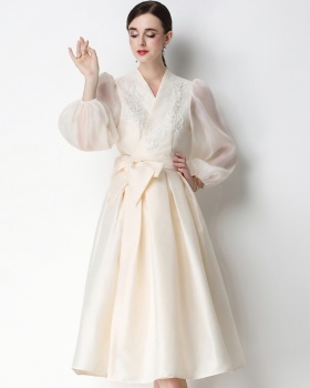 Flowers puff sleeve formal dress V-neck pinched waist dress