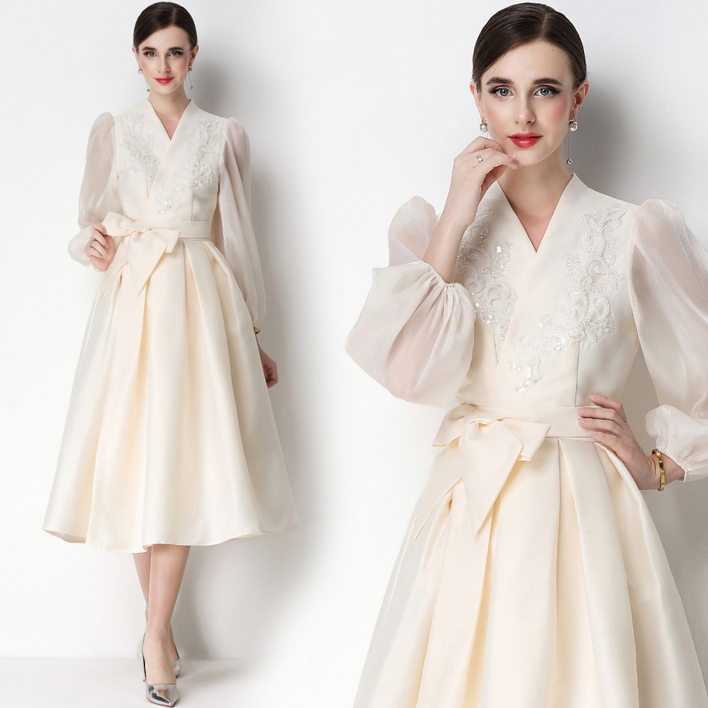 Flowers puff sleeve formal dress V-neck pinched waist dress