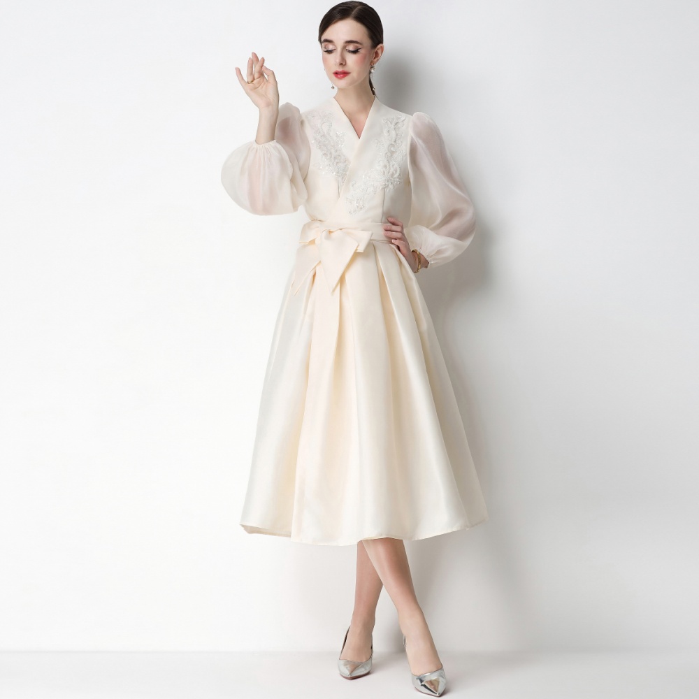 Flowers puff sleeve formal dress V-neck pinched waist dress