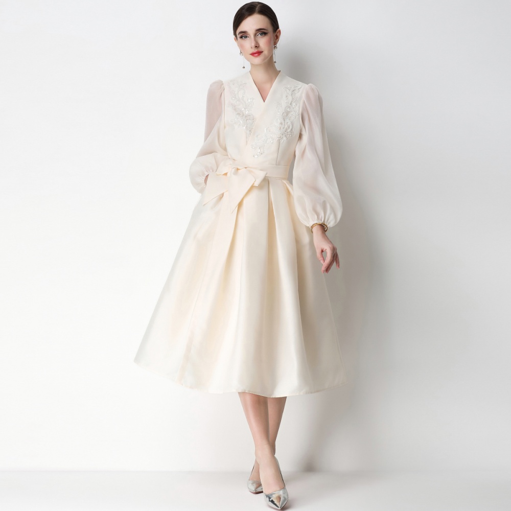 Flowers puff sleeve formal dress V-neck pinched waist dress