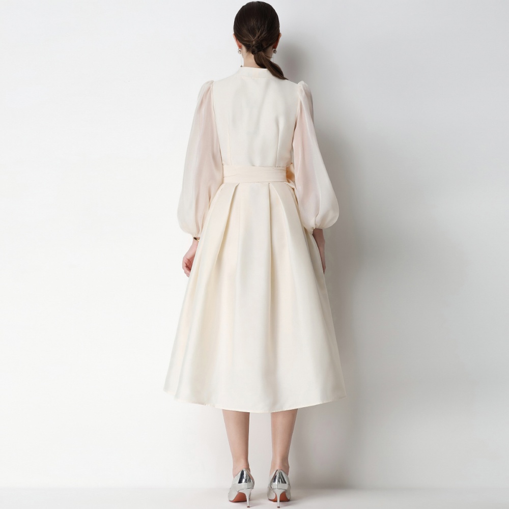 Flowers puff sleeve formal dress V-neck pinched waist dress