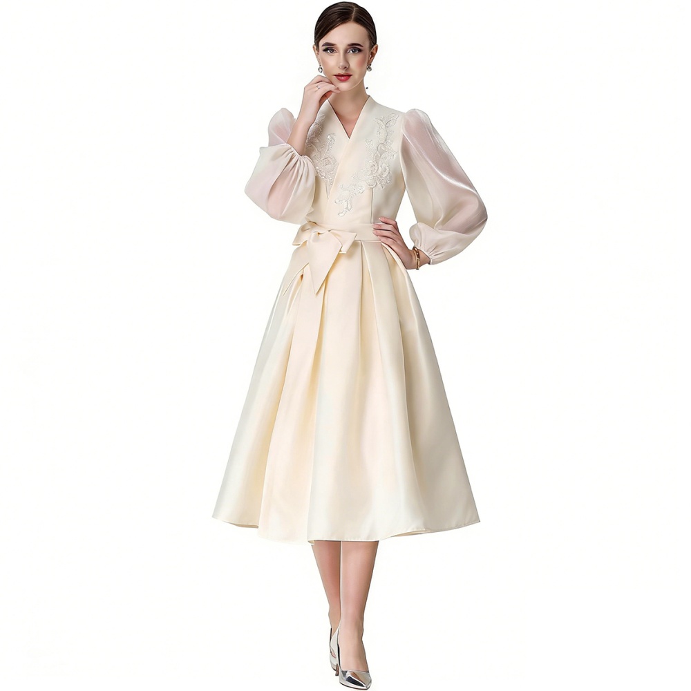 Flowers puff sleeve formal dress V-neck pinched waist dress