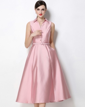 Pinched waist lapel A-line slim with belt commuting dress