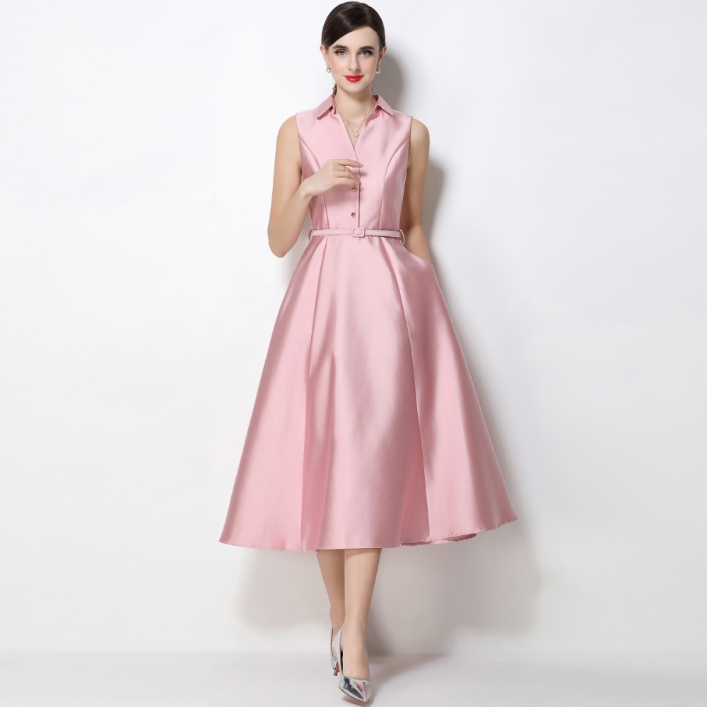 Pinched waist lapel A-line slim with belt commuting dress