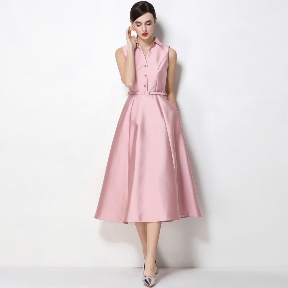 Pinched waist lapel A-line slim with belt commuting dress