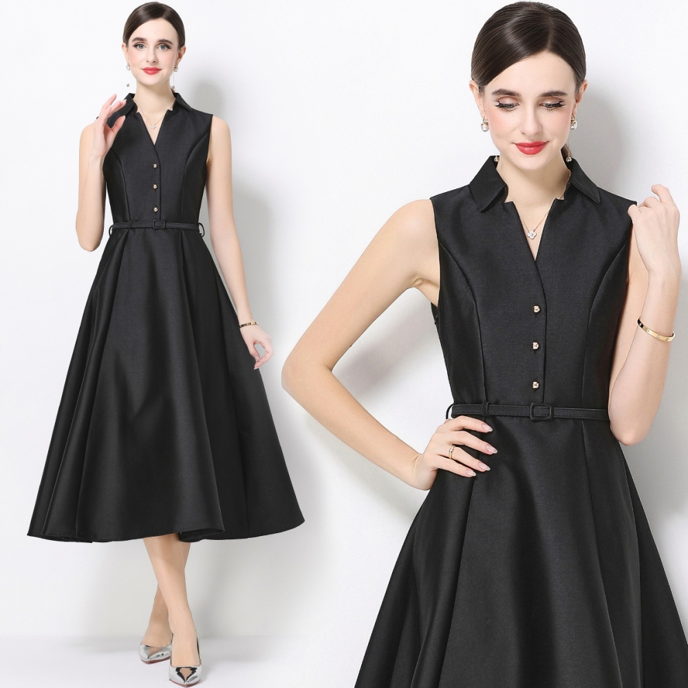 Slim high waist sleeveless lapel pinched waist dress
