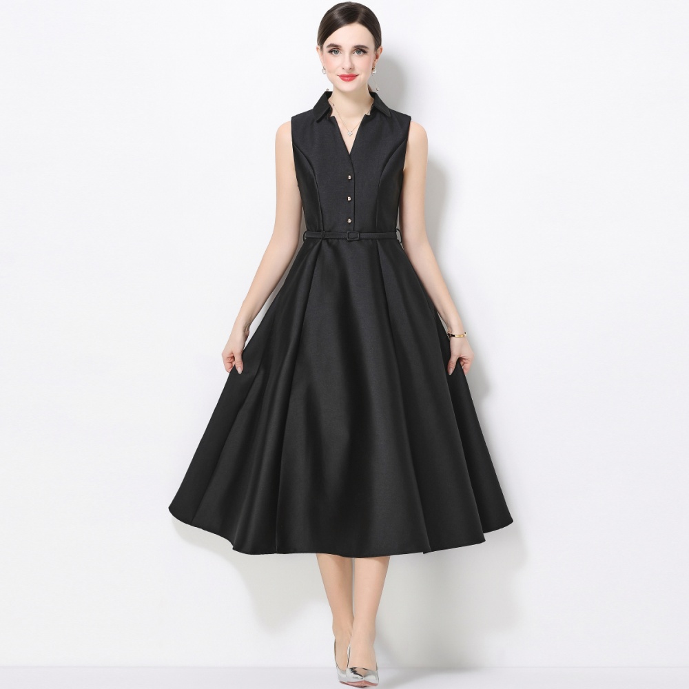 Slim high waist sleeveless lapel pinched waist dress