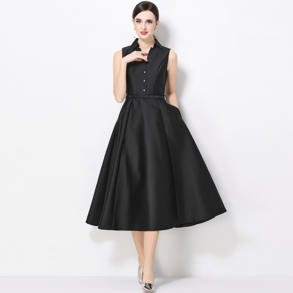 Slim high waist sleeveless lapel pinched waist dress