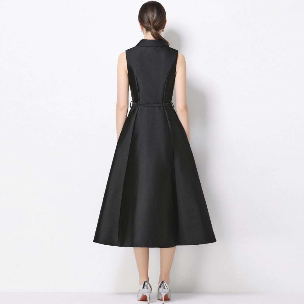 Slim high waist sleeveless lapel pinched waist dress