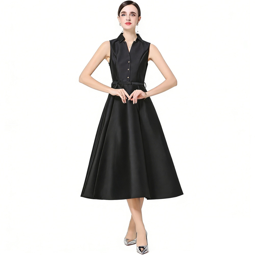 Slim high waist sleeveless lapel pinched waist dress