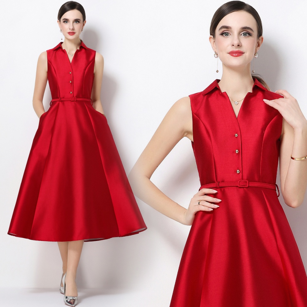 Commuting pinched waist A-line sleeveless dress