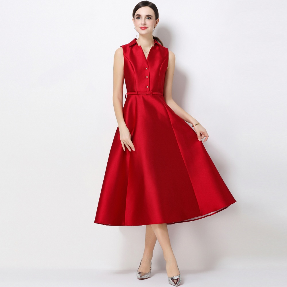 Commuting pinched waist A-line sleeveless dress