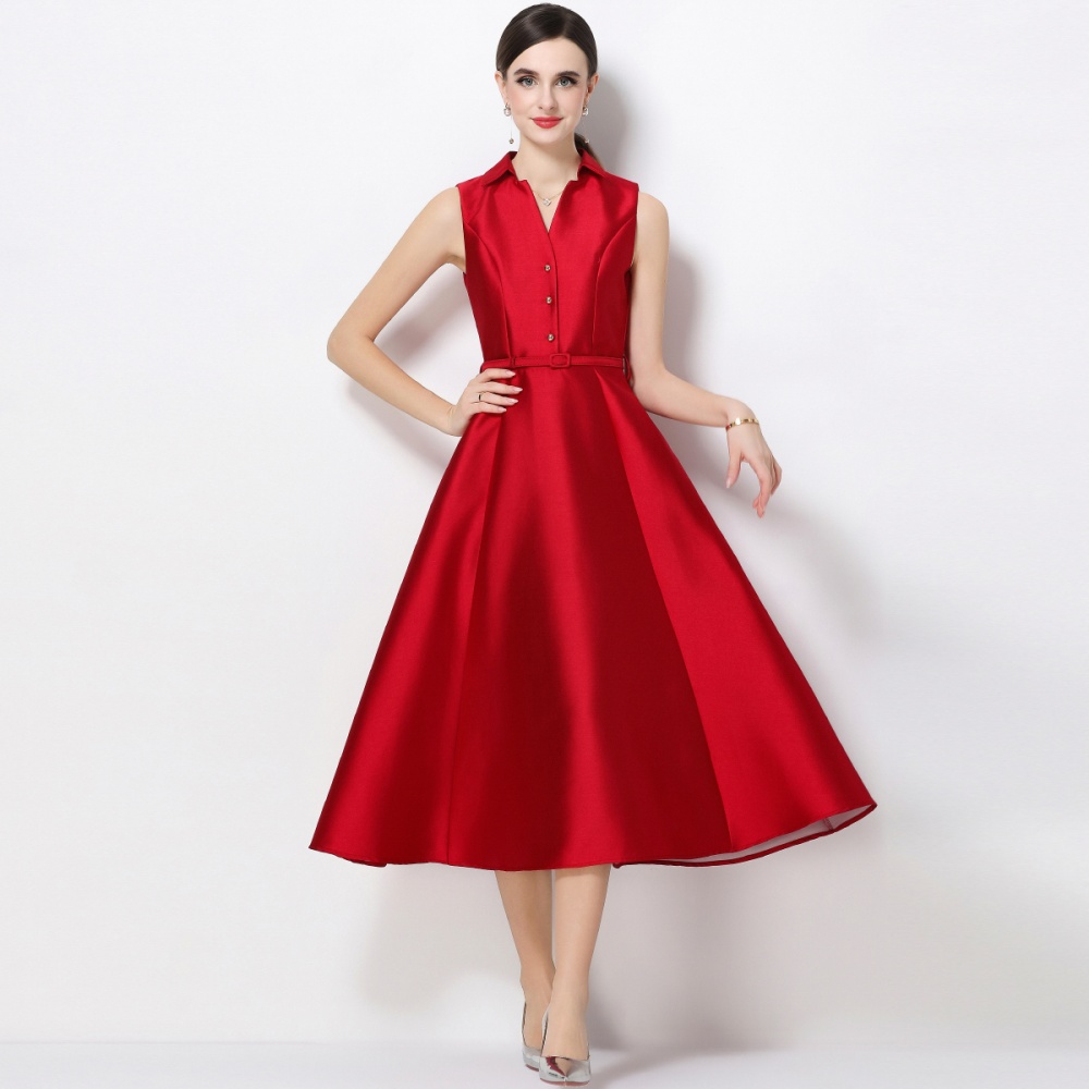 Commuting pinched waist A-line sleeveless dress