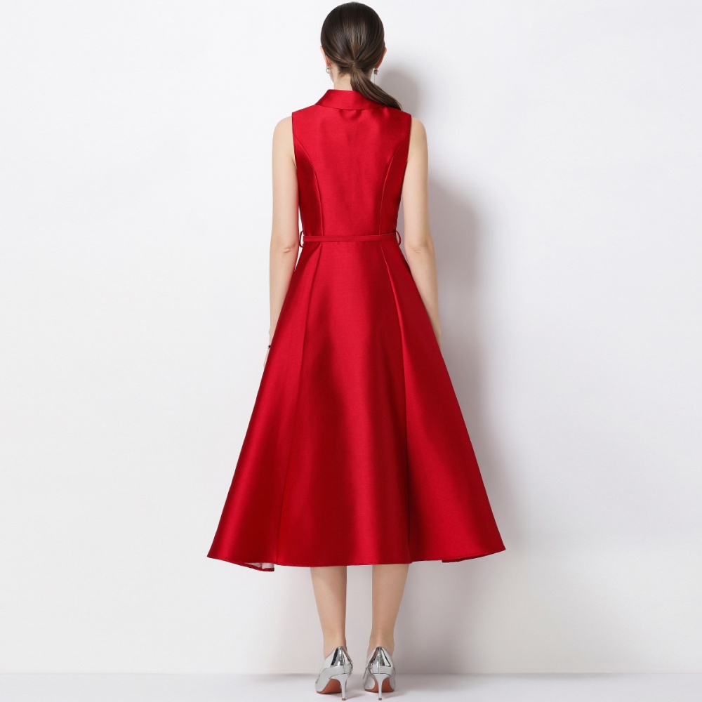 Commuting pinched waist A-line sleeveless dress