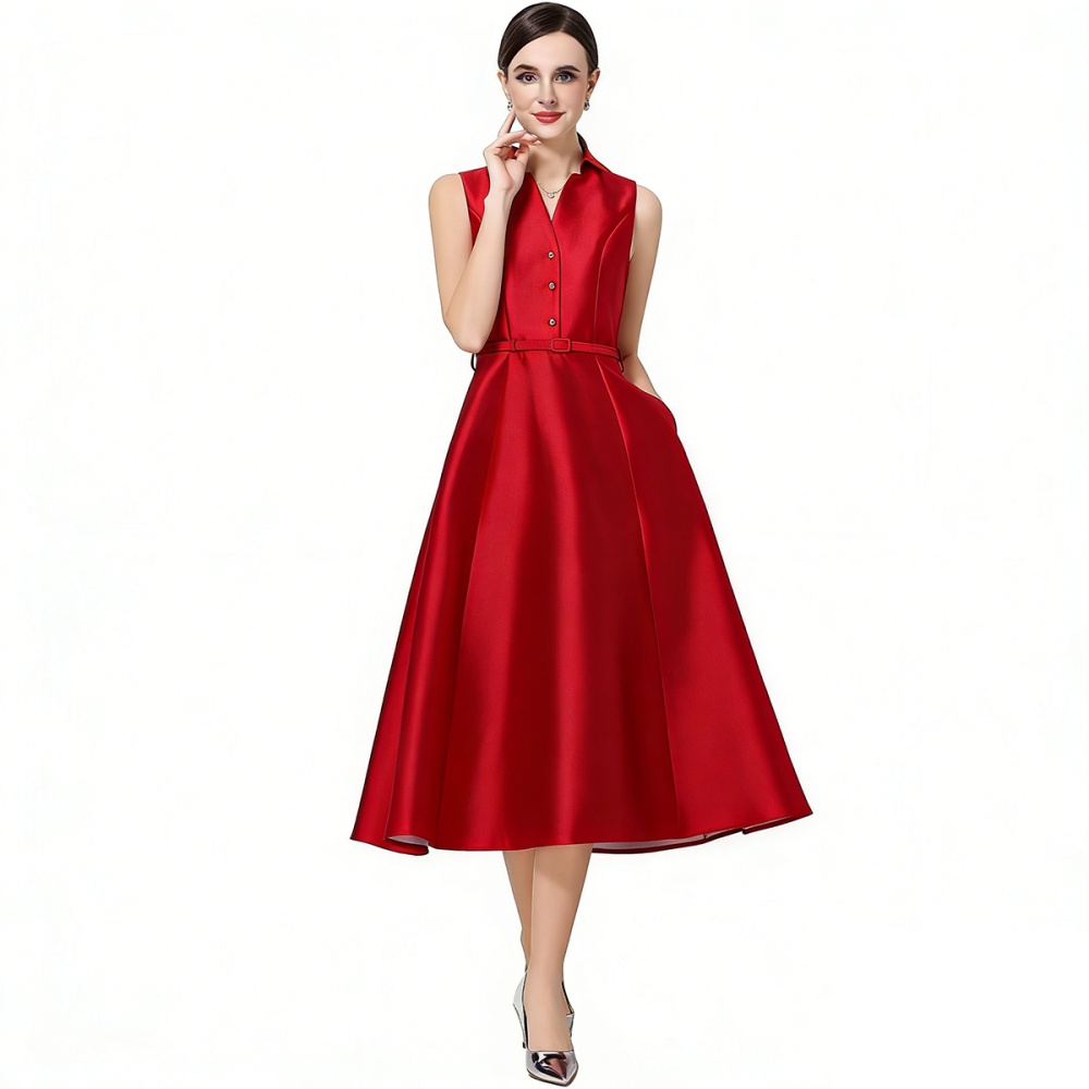 Commuting pinched waist A-line sleeveless dress