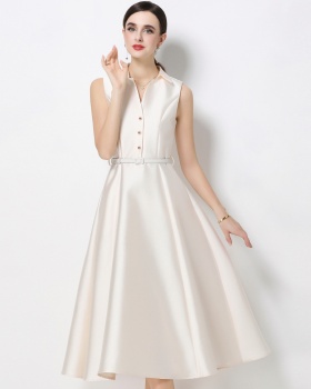 Temperament high waist slim lapel A-line dress