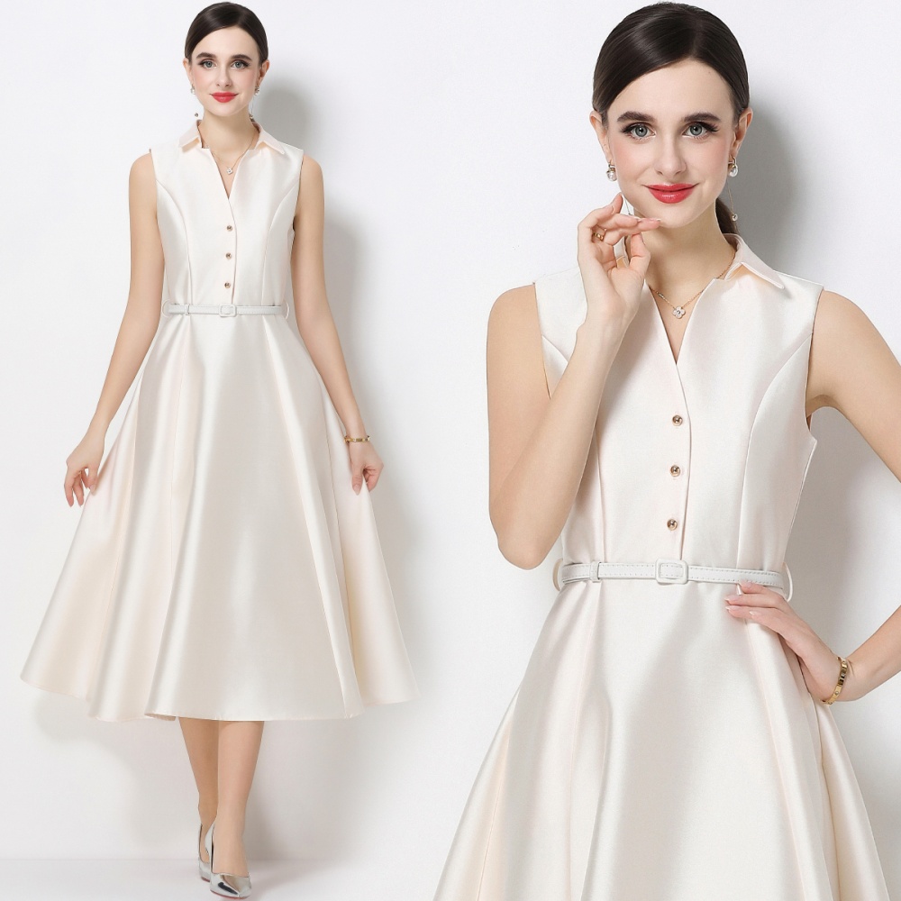 Temperament high waist slim lapel A-line dress