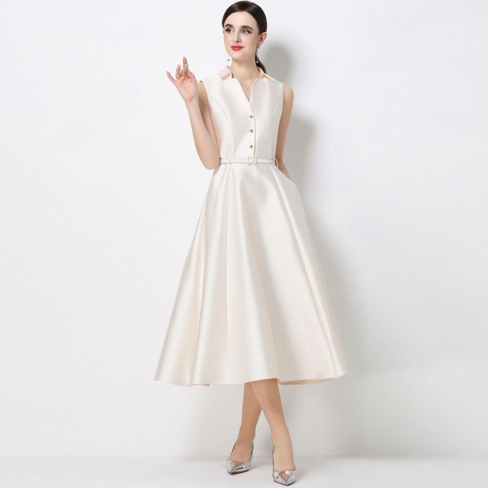 Temperament high waist slim lapel A-line dress